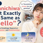 A thumbnail image for a Japanese language article explaining why “Konnichiwa” is not exactly the same as “Hello,” featuring a thoughtful young Japanese woman and examples of Japanese greetings.