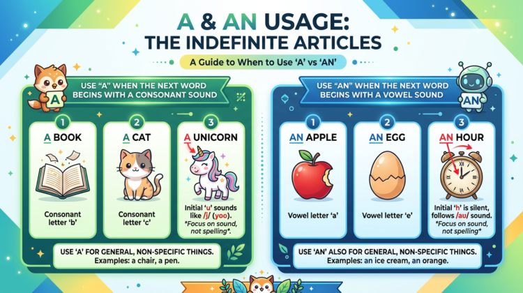Infographic explaining when to use 'A' before consonant sounds and 'An' before vowel sounds with examples