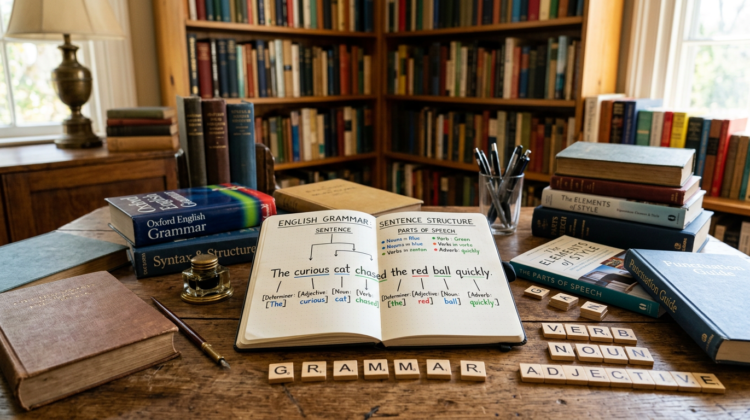 Open notebook with English grammar sentence structure and parts of speech explanation, surrounded by grammar books and letter tiles